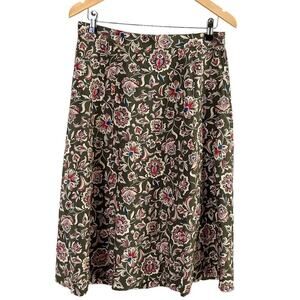 Talbots Silk Floral Midi Skirt in Olive Green‎ Red Boho Print Zip Side, Size 12P